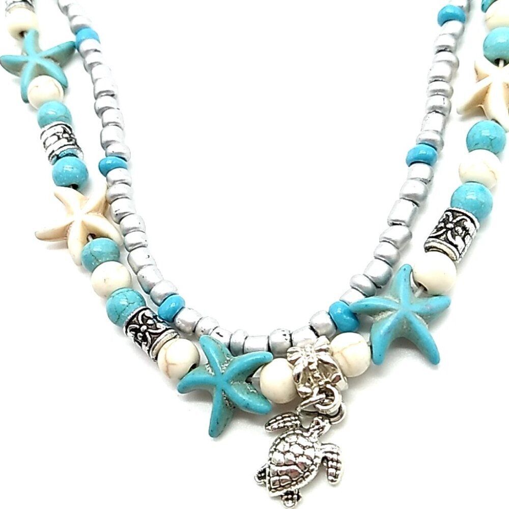 Double Strand Anklet Starfish Beaded Turtle Charm Turquoise & White NWOT
